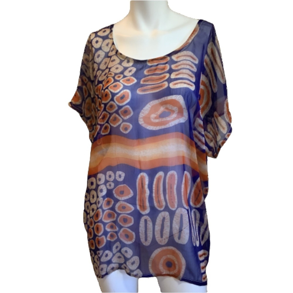 GF Grass-Fields Tunic Top Colorful Boat Neck African Shirt Short Sleeve Size 10